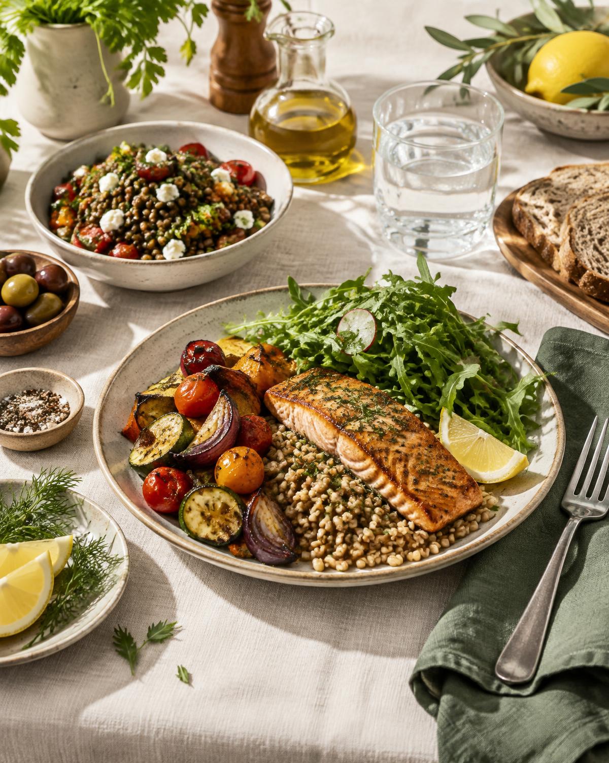 Tavola con piatto equilibrato: salmone, farro, verdure di stagione, legumi e pane integrale
